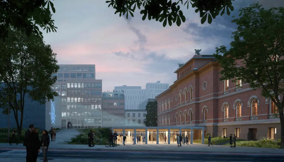 Slik ser arkitektene i Rodeo for seg inngangspartiet til et nytt teater på Tullinløkka i et utkast fra 2022. Til høyre ser du det gamle Nasjonalgalleriet.