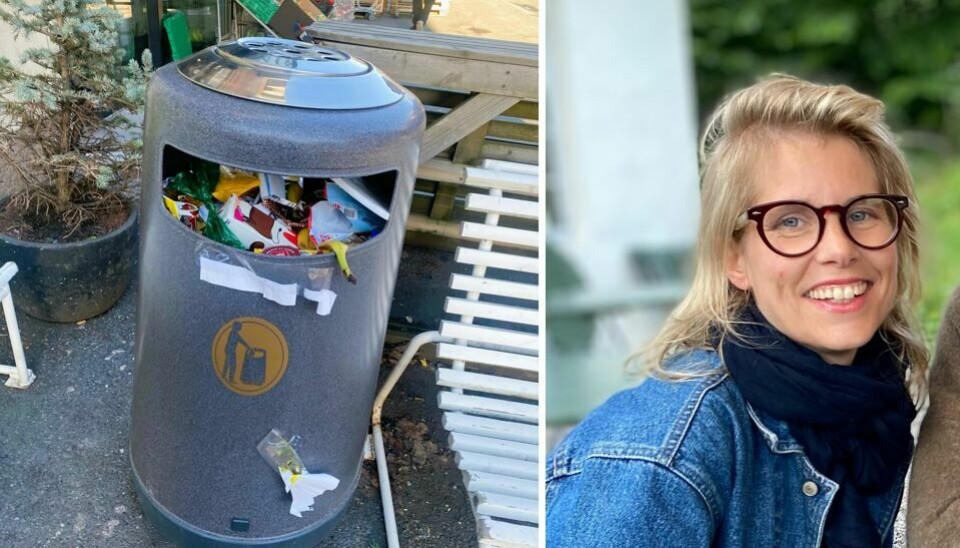 Kristine Vintervold og åpen søppelbøtte