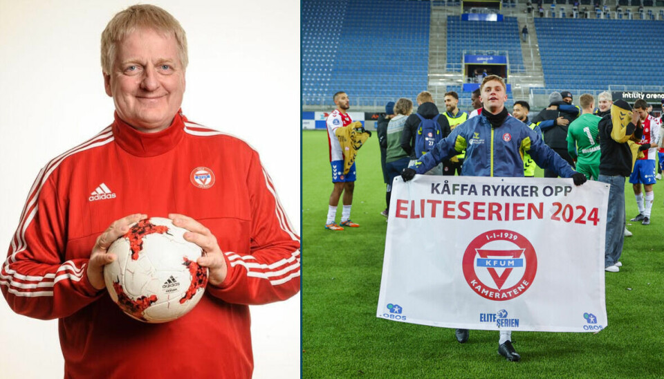 Daglig leder i KFUM-Kameratene Oslo og et bilde fra da KFUM rykket opp til Eliteserien 5. november 2024.