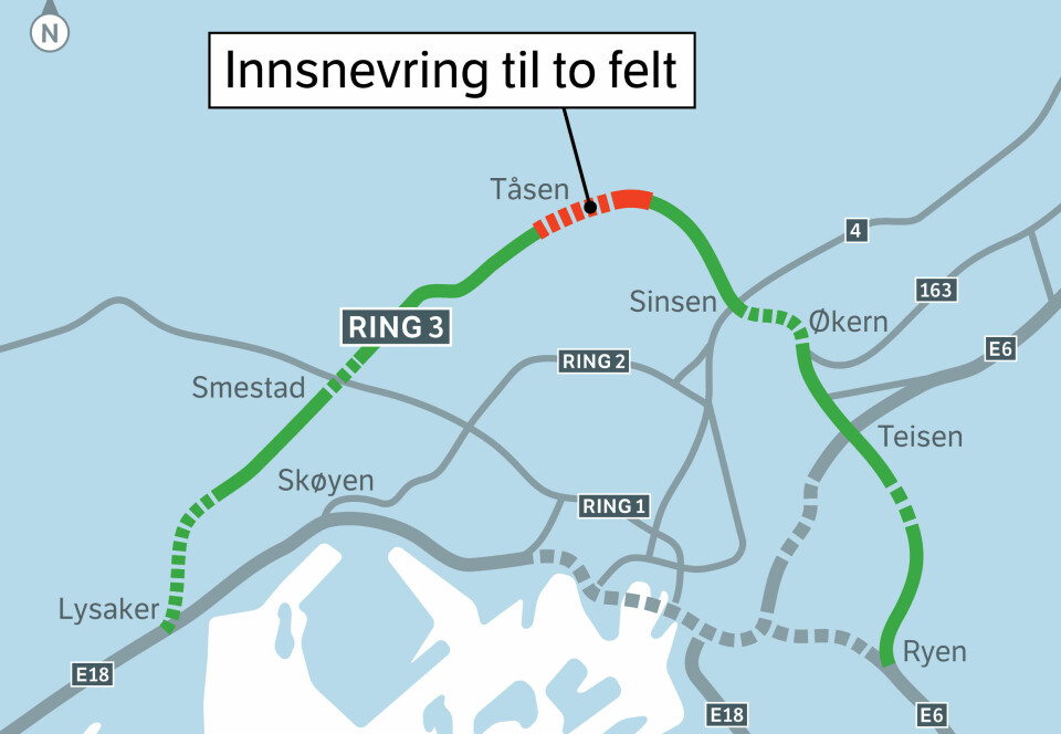 Riksvei 150/Ring 3 går mellom Lysaker i Bærum og Ryenkrysset. Fra mandag 15. april starter innsnevring av en lengre strekning på Ring 3.