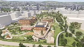 Skoleanlegget, med ungdomsskole, flerbrukshall og barnehage, skal bli en integrert del av den nye parken.