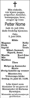 Petter Nomes dødsannonse.
