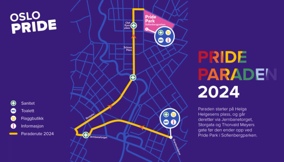 Et illustrert kart som viser hvor prideparaden vil gå gjennom Oslo sentrum lørdag 29. juni.