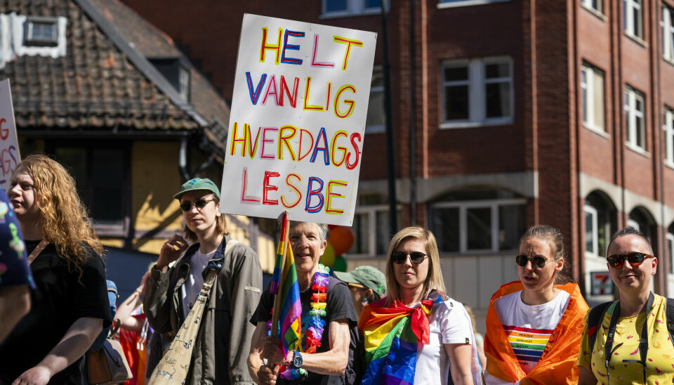 Oslo 20240629. En deltaker i Pride-paraden med et skilt. Pride-paraden feirer skeivt mangfold, markerer uoppnådde rettigheter og forsvarer eksisterende rettigheter, går fra Grønland til Pride Park i Sofienbergparken i Oslo lørdag.Foto: Frederik Ringnes / NTB