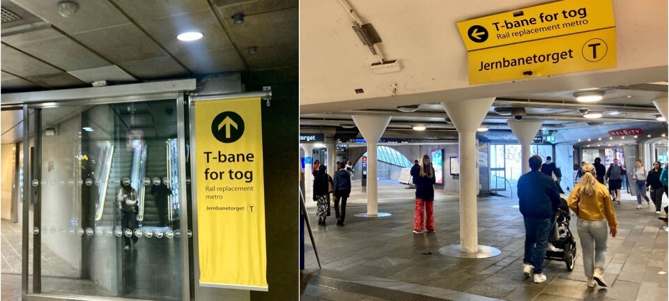 Her skiltes det med «T-bane for tog». Ruter vet ikke hvorfor: – Skiltet helt korrekt, sier Bane Nor