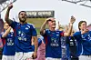 Oslo 20240430. Vålerengas Aaron Kiil Olsen, Christian Borchgrevink og Mees Rijks jubler etter NM-kampen i fotball mellom Vålerenga og Tromsø på Intility Arena.