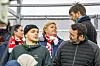Oslo 20240428. Høyre leder Erna Solberg sammen med byrådsleder i Oslo Eirik Lae Solberg som publikum på eliteseriekampen i fotball mellom KFUM Oslo og Brann på KFUM-Arena.