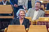Oslo 20240522. Utviklingsminister Anne Beathe Tvinnereim (Sp) fyller 50 år og smiler bredt før den muntlige spørretimen på Stortinget onsdag.
