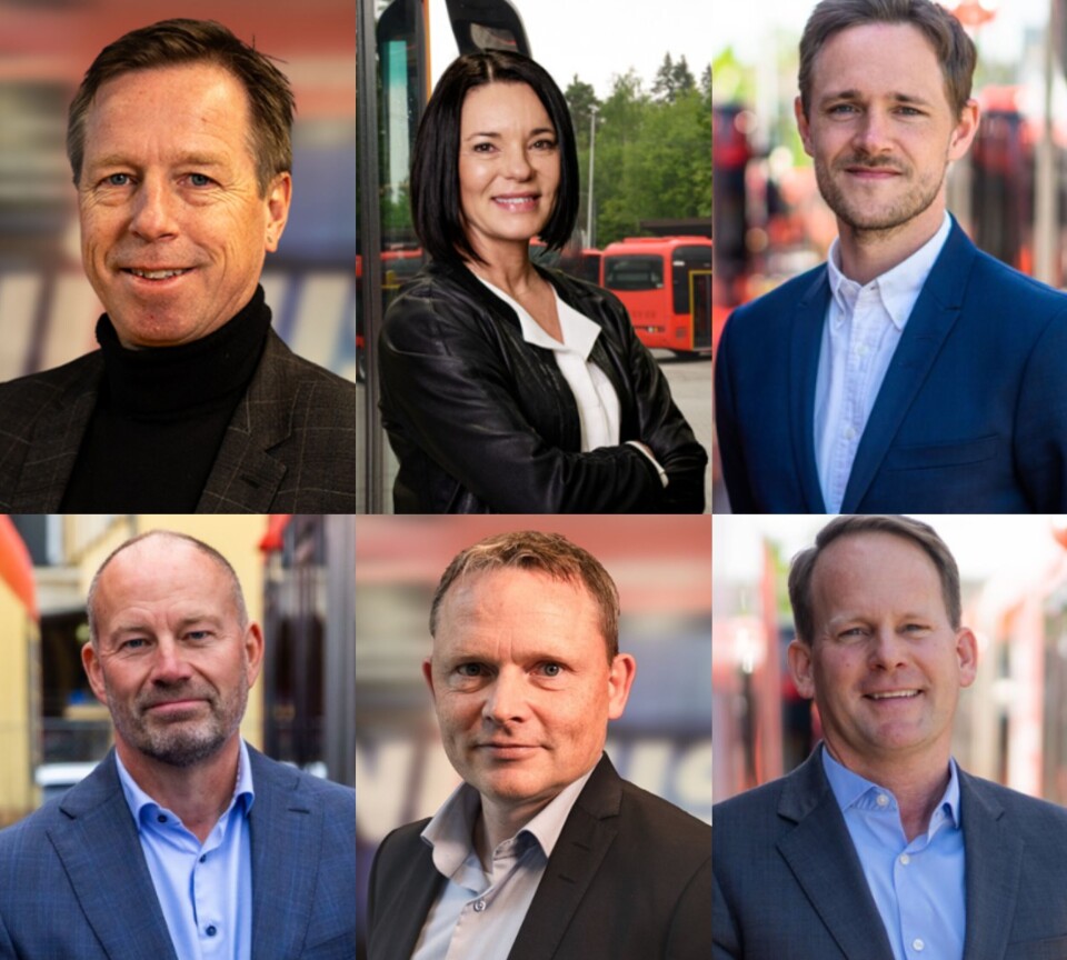 Disse kan miste sine direktørtitler (øverst fra v.): Unibuss-sjef Atle Rønning, HR-direktør Pernilla Rosenquist, driftsdirektør Mats Marheim, teknisk direktør Henrik Anderberg, økonomidirektør Remi Eliassen og plan- og utviklingsdirektør Mattias Hildingstam. Øverst fra v.: Unibuss-sjef Atle Rønning, HR-direktør Pernilla Rosenquist, driftsdirektør Mats Marheim, teknisk direktør Henrik Anderberg, økonomidirektør Remi Eliassen og plan- og utviklingsdirektør Mattias Hildingstam. Foto: Unibuss
