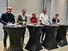 Budsjettkamerater i fjor - ikke enige i år (fra v.): Øyvind Håbrekke (KrF), Hallstein Bjercke (V), Anne Lindboe (H), Eirik Lae Solberg (H) og Magnus Birkelund (Frp). Foto: Arnsten Linstad