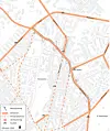 Heltrukne oransje felt viser eksisterende sykkelveinett. Stiplet linje viser planlagte, nye sykkelefelt i området. Skjermdump fra plan- og bygningsetaten (PBE)
