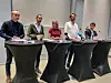 Idyll i oktober 2023: Avtalen er signert og de borgerlige samarbeidspartiene holder pressekonferanse i Rådhuset. Fra v. Øyvind Håbrekke (KrF), Hallstein berjcke (V), Anne Lindboe (H), Erik Lae Solberg (H) og Magnus Birkelund (Frp).  Foto: Arnsten Linstad